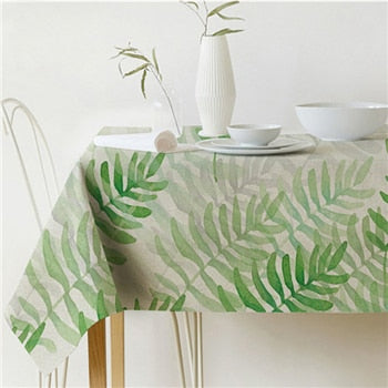 Linen Cotton Rectangular Tablecloth with Tropical Leaf Print