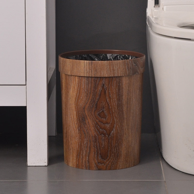 Retro Wood Grain Trash Can - 8L Eco-Friendly Plastic Waste Bin