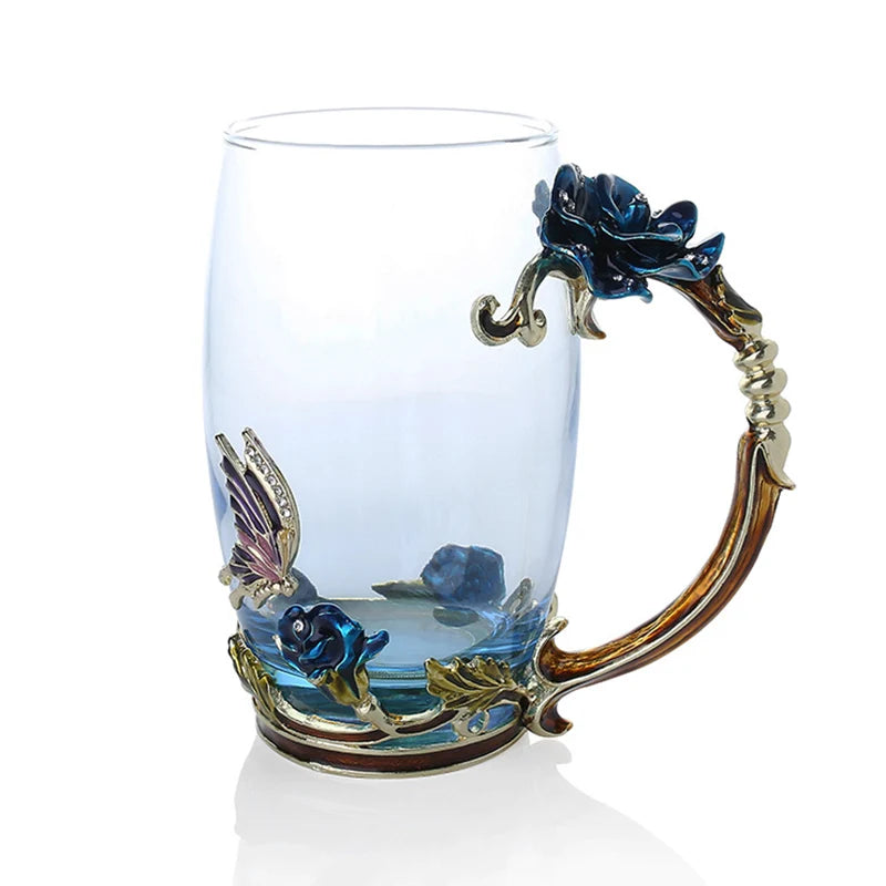 Clear Glass Coffee and Tea Mug Set with Blue Rose Enamel Design and Stainless Steel Spoon