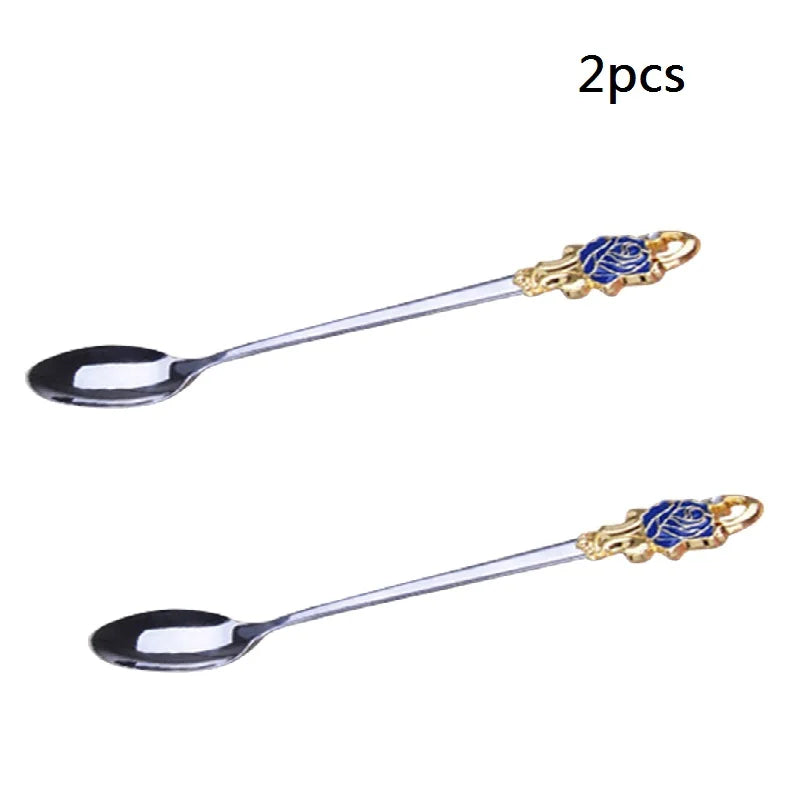 Clear Glass Coffee and Tea Mug Set with Blue Rose Enamel Design and Stainless Steel Spoon