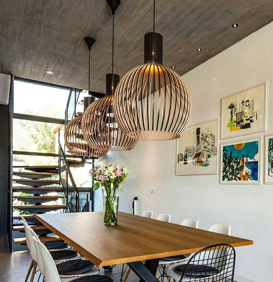 Handcrafted Wooden Pendant Lamp - Adjustable Height, Artisanal Design
