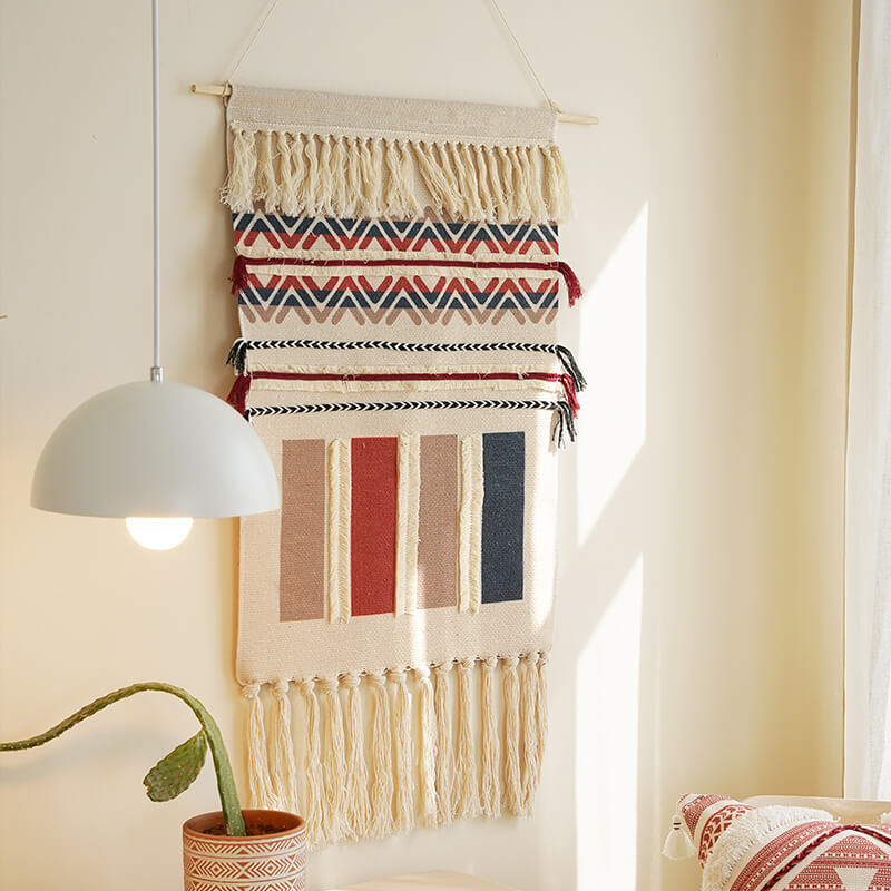 Handwoven Geometric Tassel Wall Hanging in Cotton and Linen