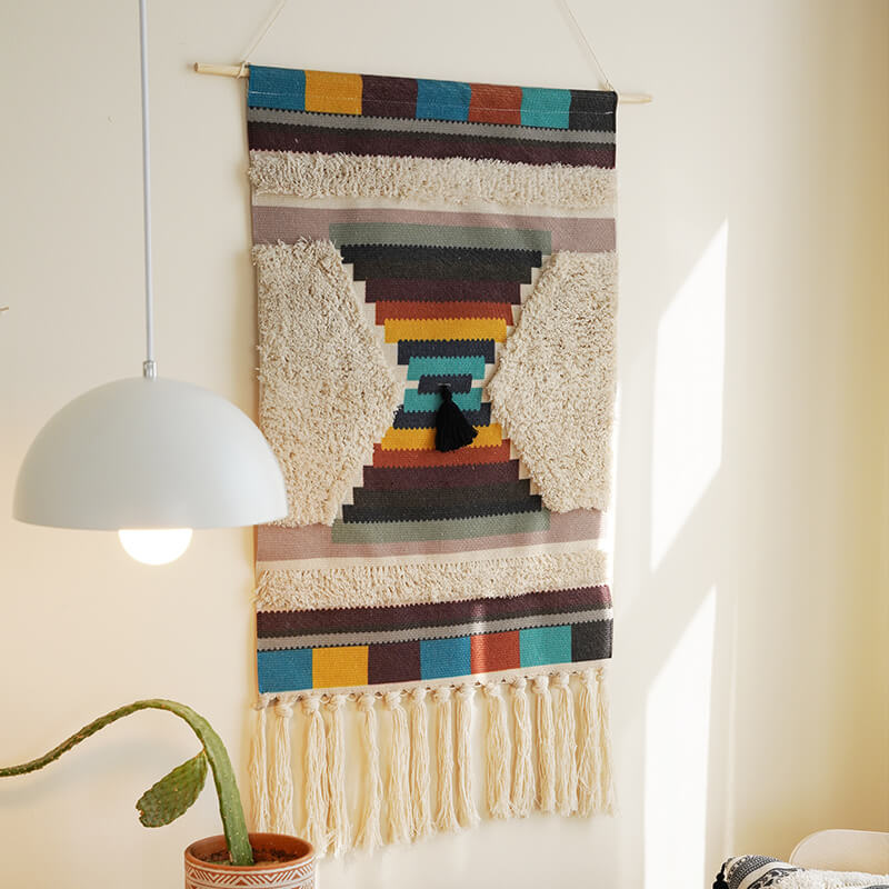 Handwoven Geometric Tassel Wall Hanging in Cotton and Linen
