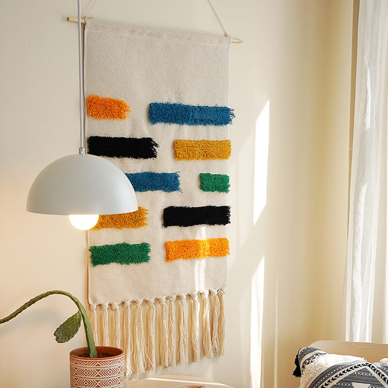 Handwoven Geometric Tassel Wall Hanging in Cotton and Linen