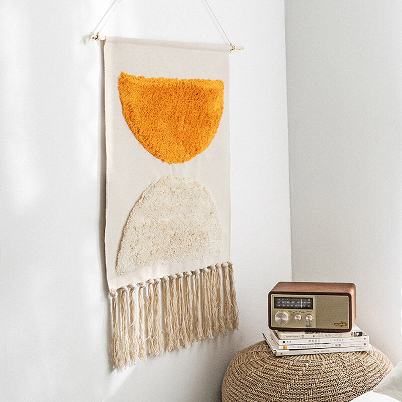 Handwoven Geometric Tassel Wall Hanging in Cotton and Linen