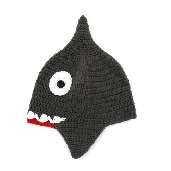 Handmade Knitted Shark Beanie with 3D Fins and Button Eyes