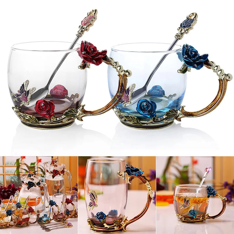 Clear Glass Coffee and Tea Mug Set with Stainless Steel Spoon and Coaster, Blue Rose Enamel Design
