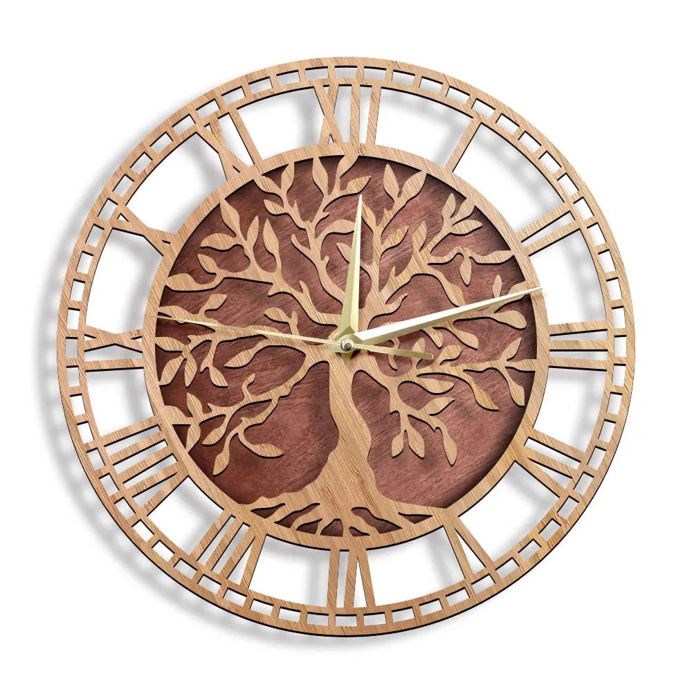 Rustic Wooden Wall Clock with Tree of Life Design
