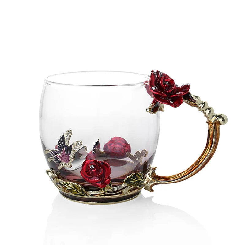 Clear Glass Coffee and Tea Mug Set with Stainless Steel Spoon and Coaster, Blue Rose Enamel Design