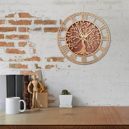 Rustic Wooden Wall Clock with Tree of Life Design