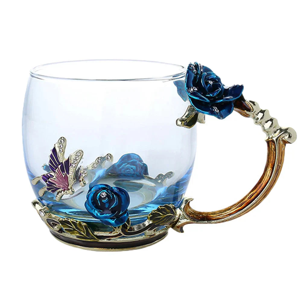 Clear Glass Coffee and Tea Mug Set with Stainless Steel Spoon and Coaster, Blue Rose Enamel Design