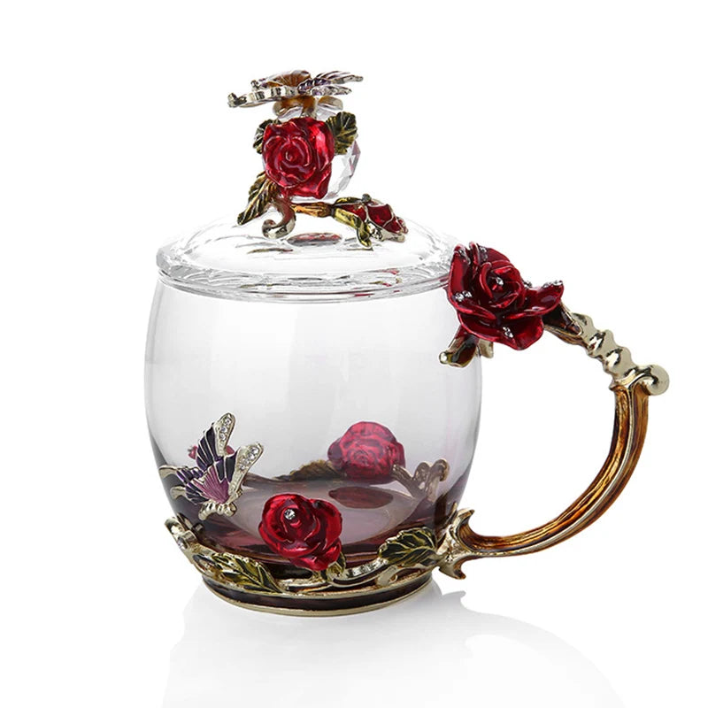 Clear Glass Coffee and Tea Mug Set with Stainless Steel Spoon and Coaster, Blue Rose Enamel Design