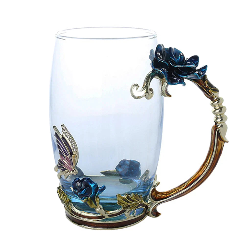 Clear Glass Coffee and Tea Mug Set with Blue Rose Enamel Design and Stainless Steel Spoon