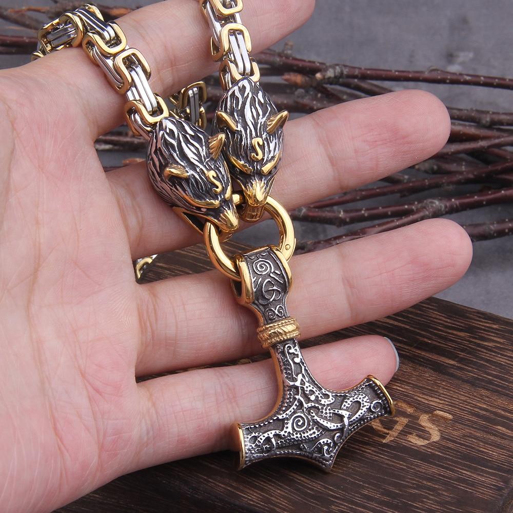 Stainless Steel Double Wolf Head and Mjolnir Necklace Bracelet 24-35 Inch
