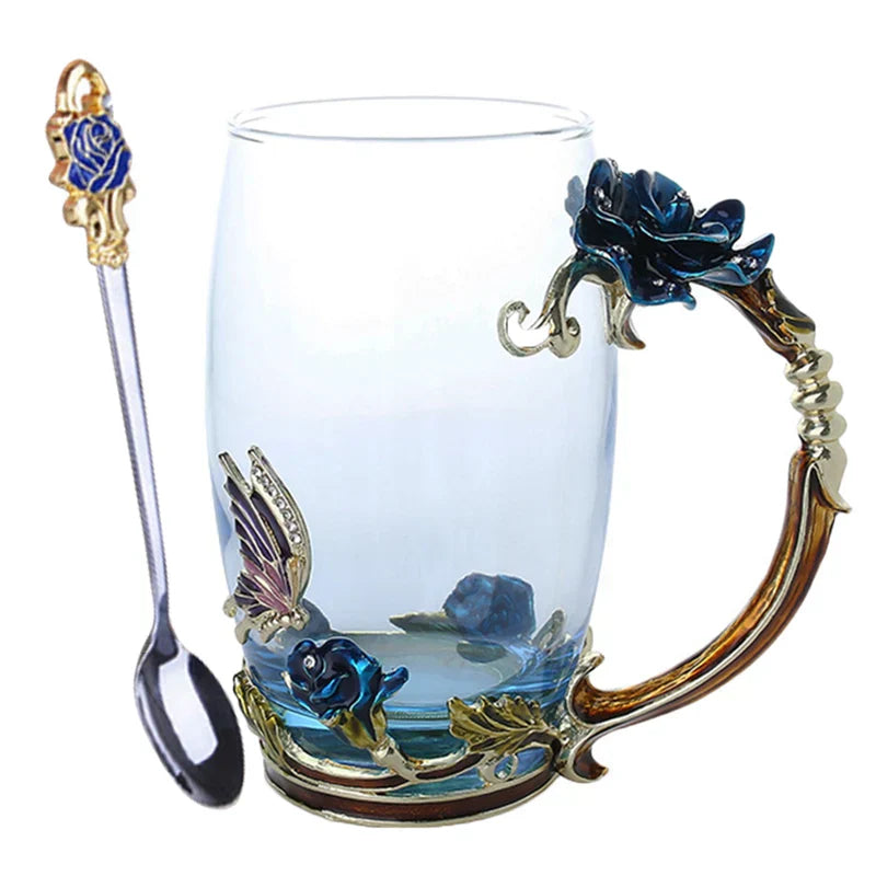 Clear Glass Coffee and Tea Mug Set with Blue Rose Enamel Design and Stainless Steel Spoon