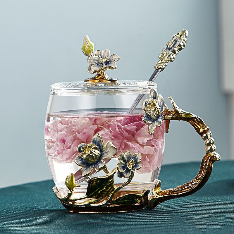 Handcrafted Enamel Flower Glass Coffee Mug for Tea and Lemon Juice