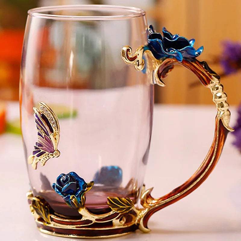Clear Glass Coffee and Tea Mug Set with Stainless Steel Spoon and Coaster, Blue Rose Enamel Design