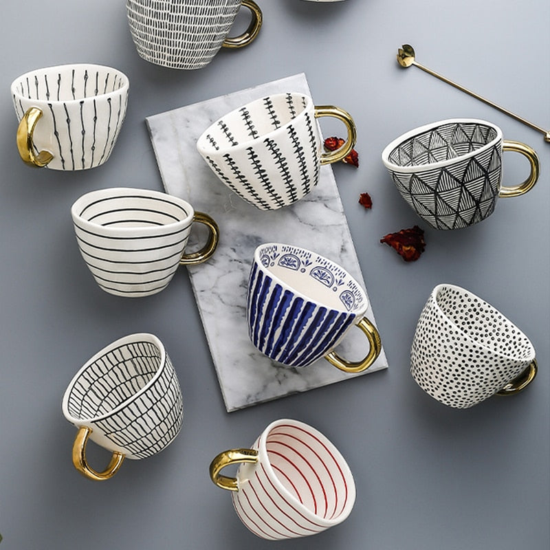 Geometric Ceramic Coffee Mug with Gold Handle