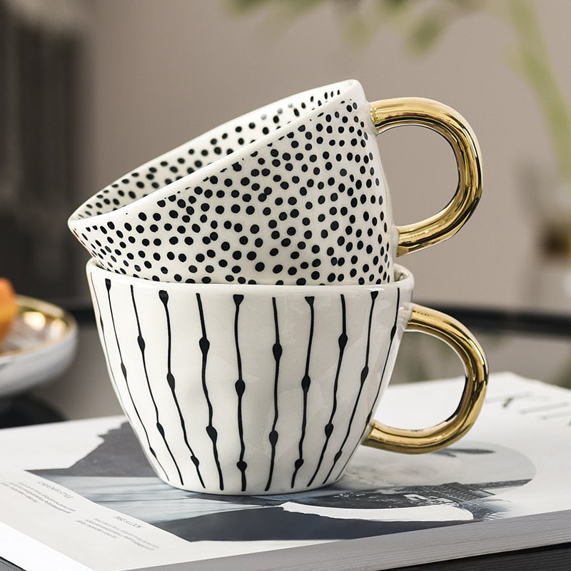 Geometric Ceramic Coffee Mug with Gold Handle