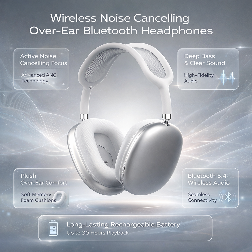Wireless Noise Cancelling Over Ear Headphones with Deep Bass