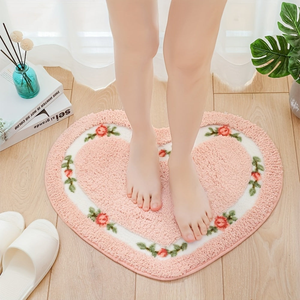 Heart-Shaped Floral Tufted Bath Mat with Non-Slip Base
