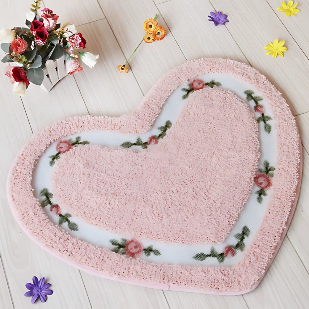 Heart-Shaped Floral Tufted Bath Mat with Non-Slip Base