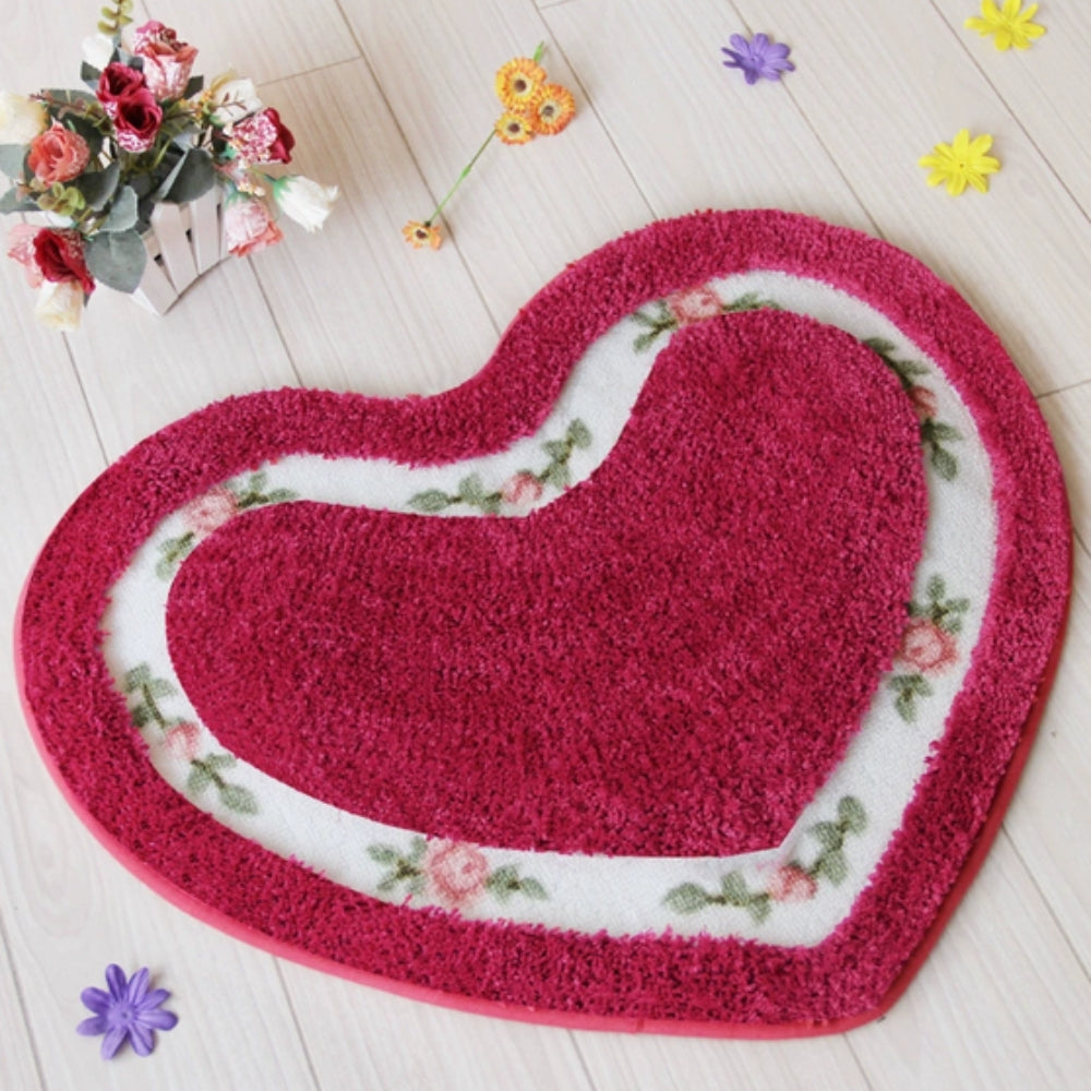Heart-Shaped Floral Tufted Bath Mat with Non-Slip Base