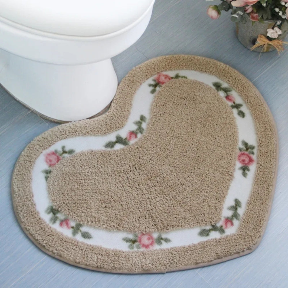 Heart-Shaped Floral Tufted Bath Mat with Non-Slip Base