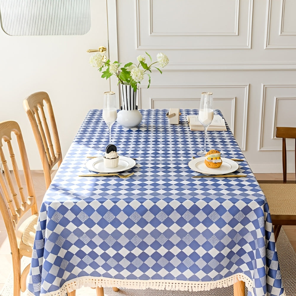 Chateau Blue Checkered Tablecloth with Lace Trim
