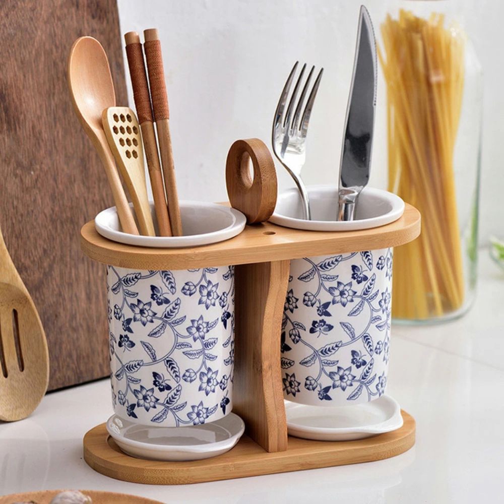 Ceramic Floral Utensil Holder Crock