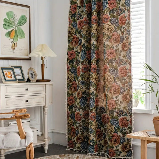 Floral Jacquard Tassel Curtain in Microfiber Blend