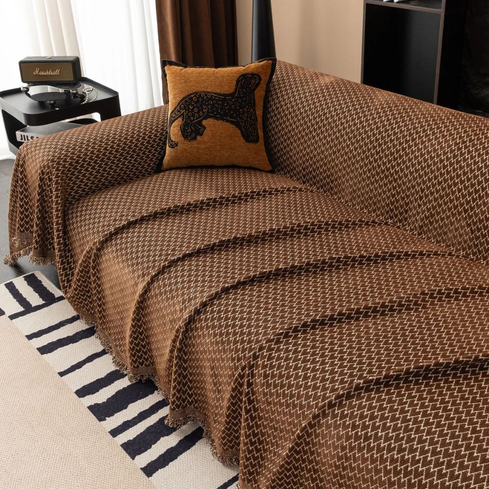 Chenille Zigzag Sofa Cover with Tassel Fringe