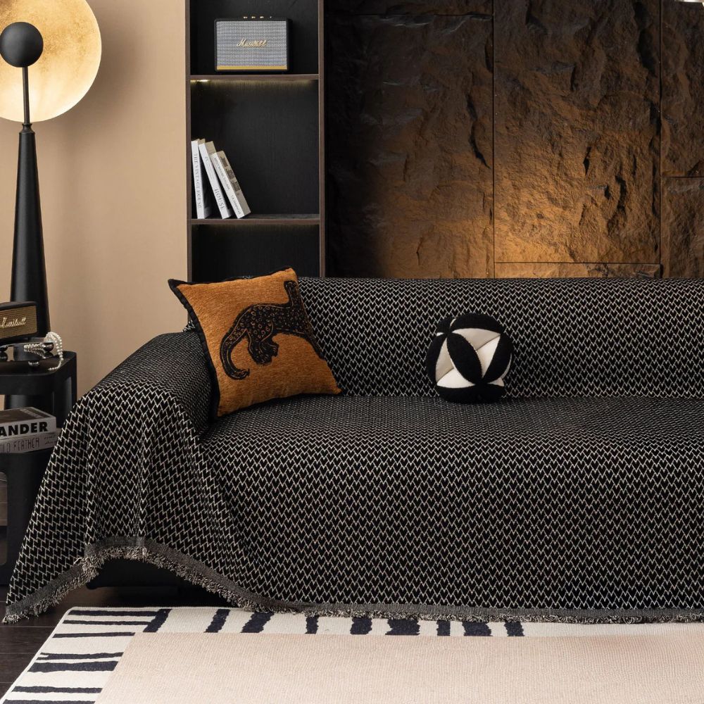 Chenille Zigzag Sofa Cover with Tassel Fringe