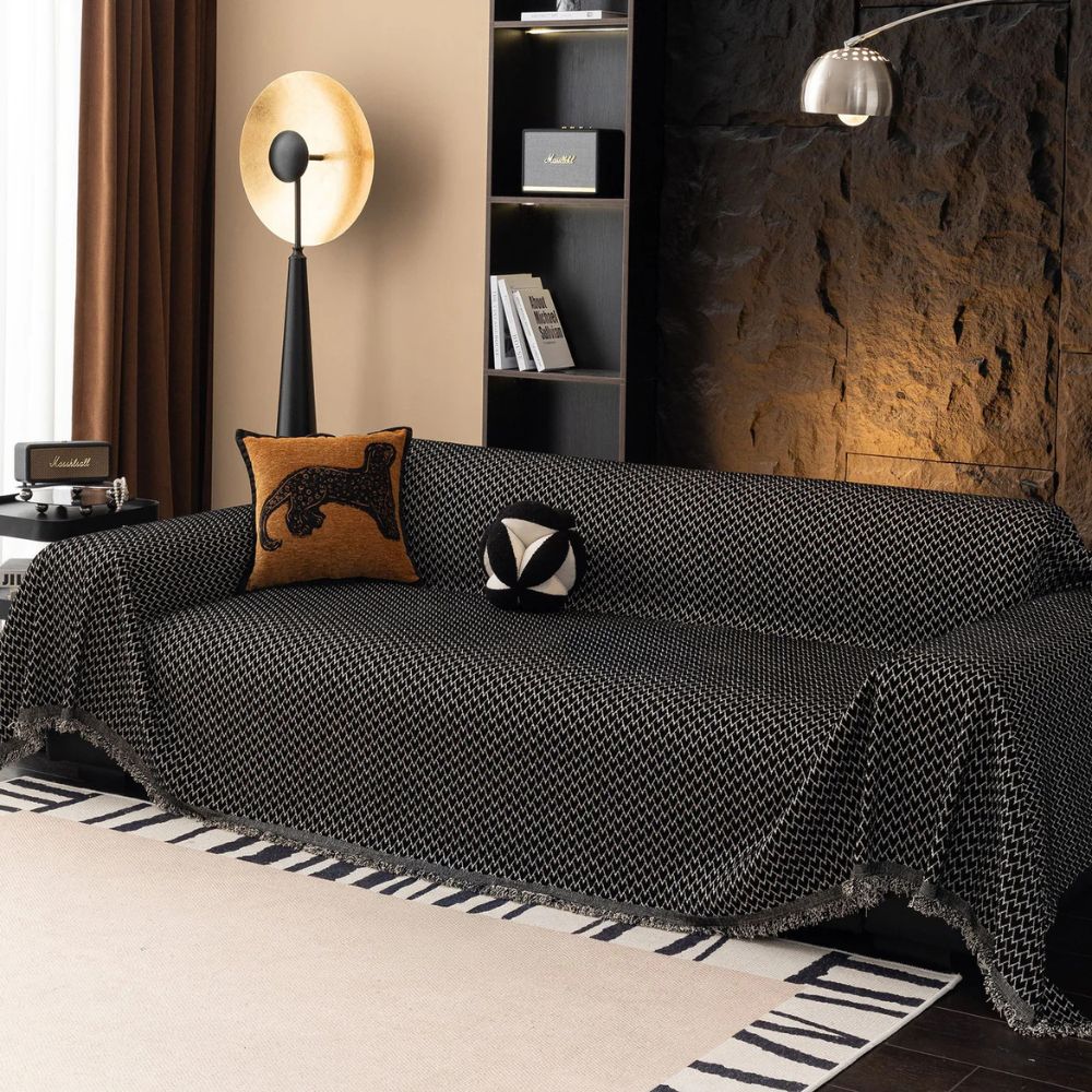 Chenille Zigzag Sofa Cover with Tassel Fringe