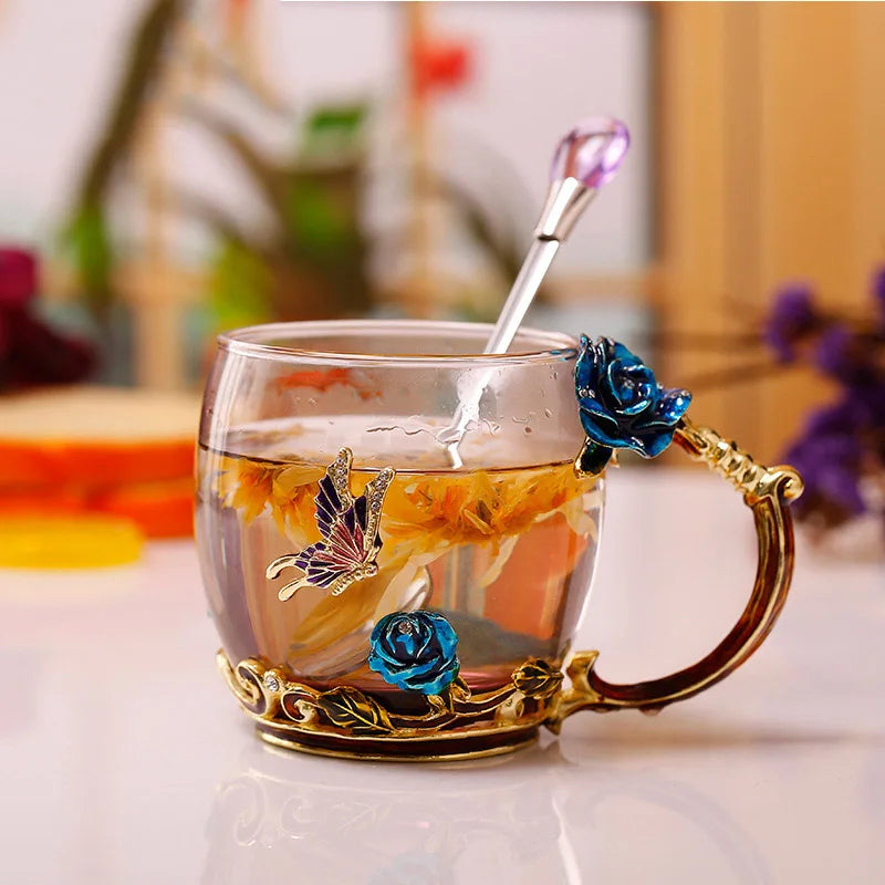 Clear Glass Coffee and Tea Mug Set with Blue Rose Enamel Design and Stainless Steel Spoon