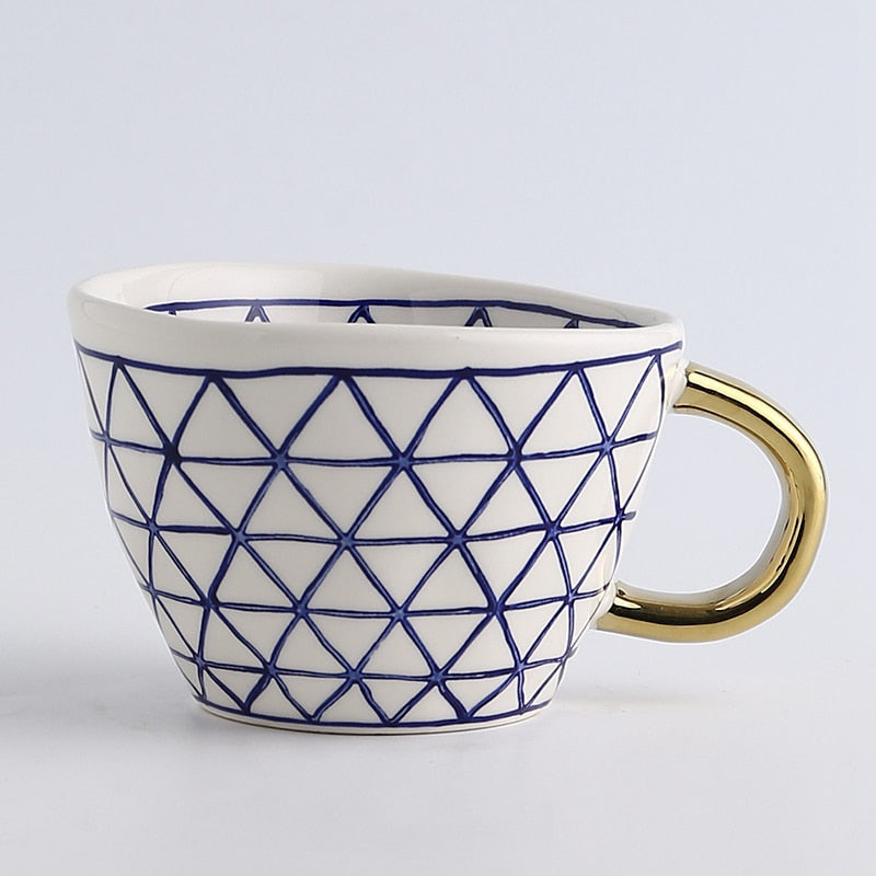 Geometric Ceramic Coffee Mug with Gold Handle