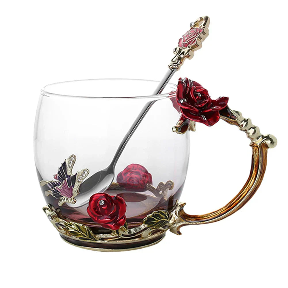Clear Glass Coffee and Tea Mug Set with Blue Rose Enamel Design and Stainless Steel Spoon