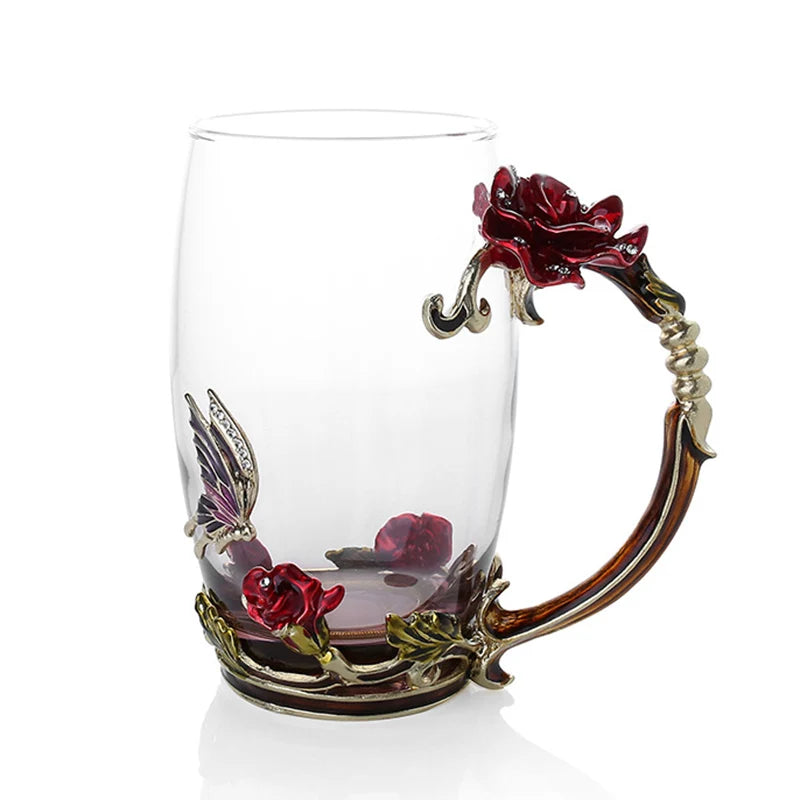 Clear Glass Coffee and Tea Mug Set with Stainless Steel Spoon and Coaster, Blue Rose Enamel Design