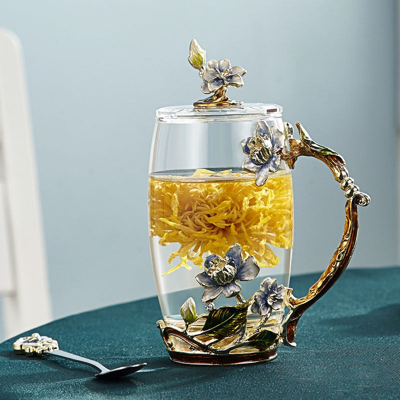 Handcrafted Enamel Flower Glass Coffee Mug for Tea and Lemon Juice