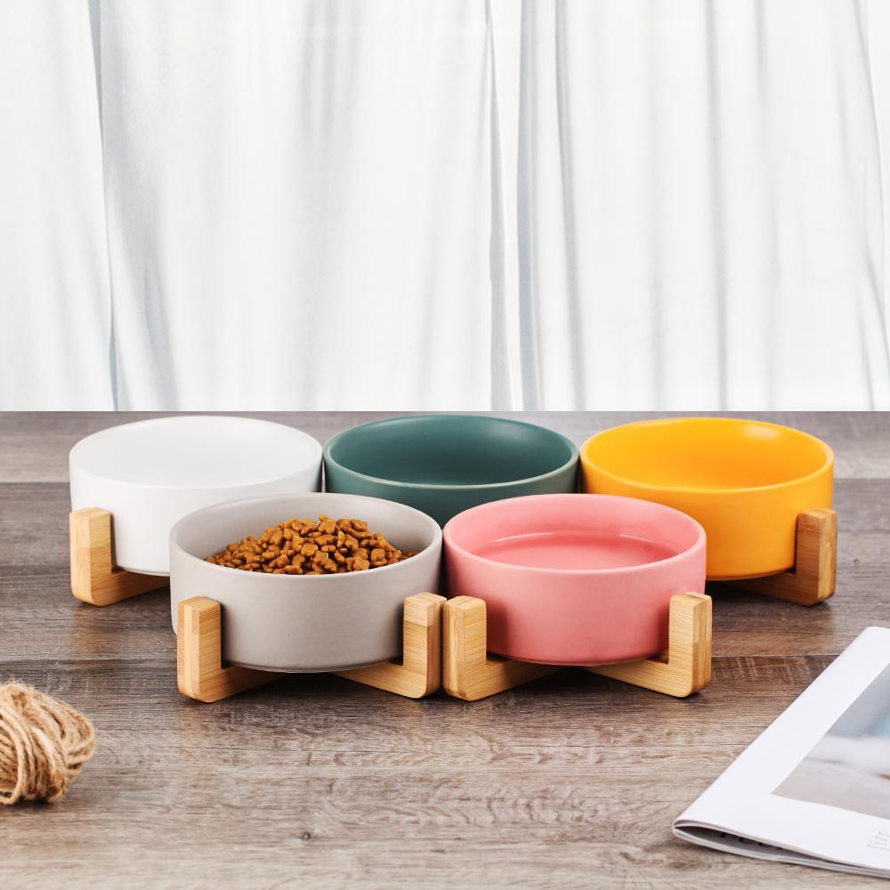 Ceramic Pet Feeding Bowl with Bamboo Base