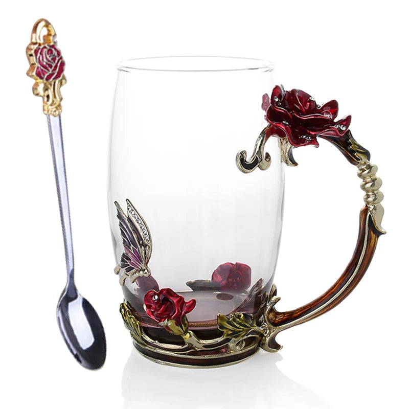 Clear Glass Coffee and Tea Mug Set with Blue Rose Enamel Design and Stainless Steel Spoon