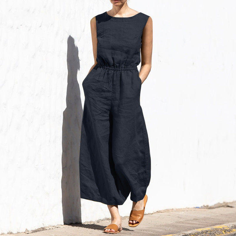 High Waist Sleeveless Wide Leg Jumpsuit with Pockets