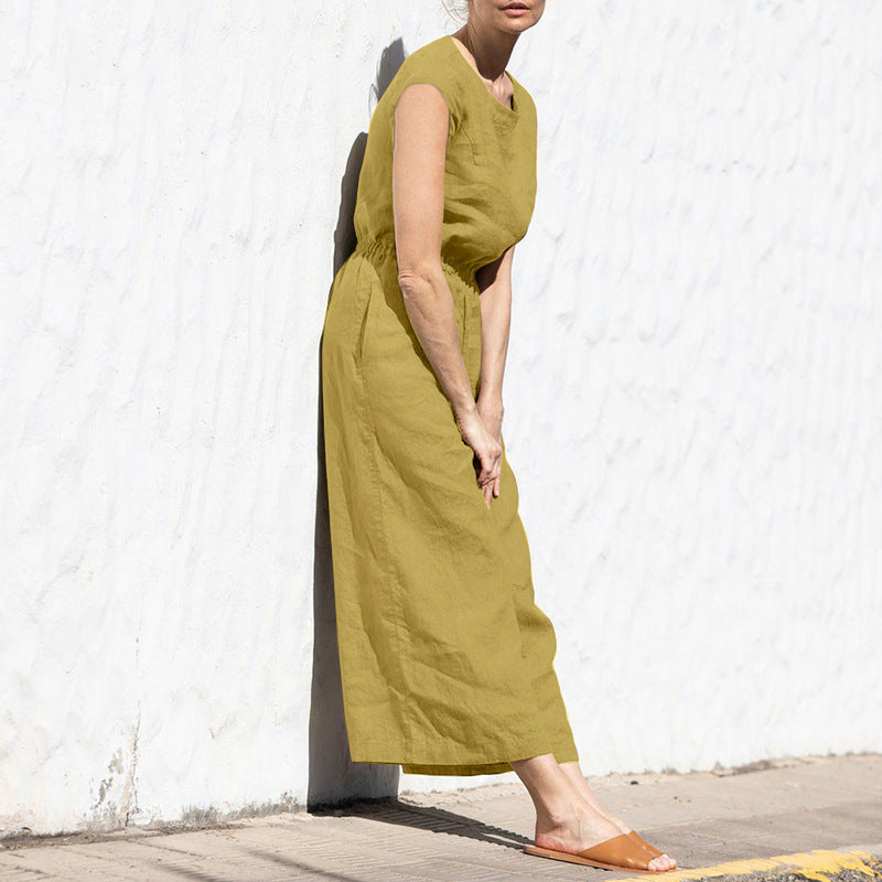 High Waist Sleeveless Wide Leg Jumpsuit with Pockets