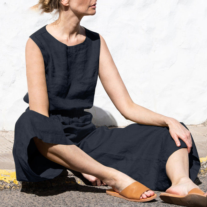 High Waist Sleeveless Wide Leg Jumpsuit with Pockets