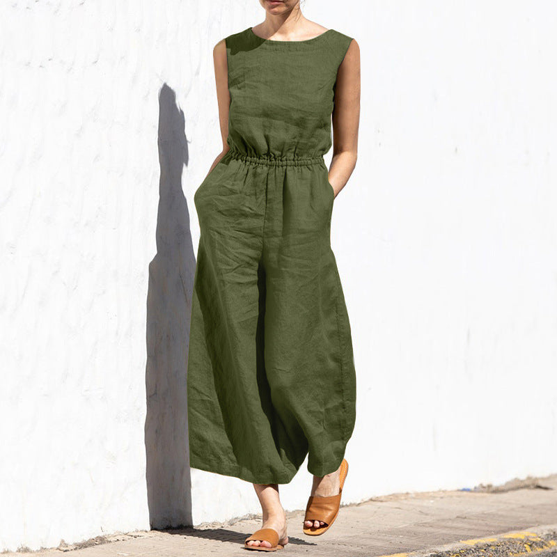 High Waist Sleeveless Wide Leg Jumpsuit with Pockets