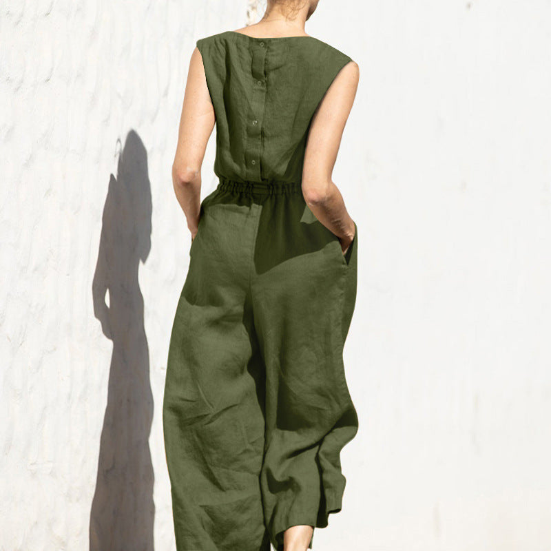 High Waist Sleeveless Wide Leg Jumpsuit with Pockets