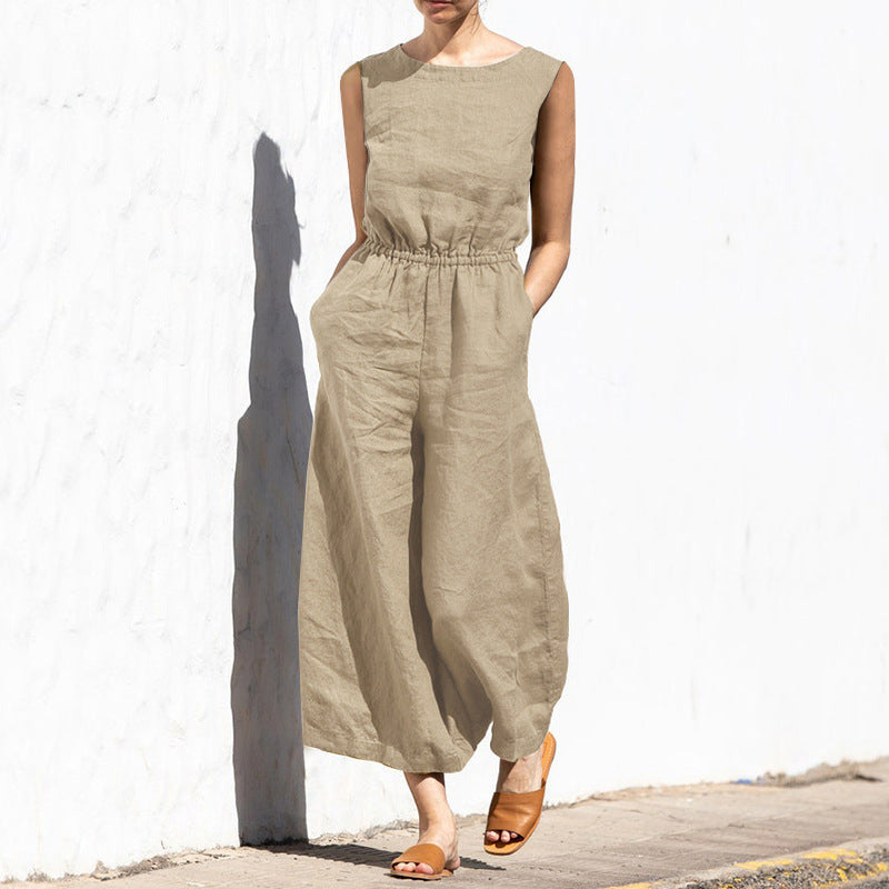 High Waist Sleeveless Wide Leg Jumpsuit with Pockets