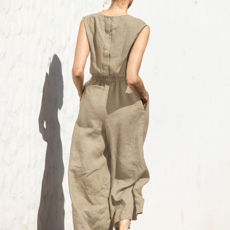 High Waist Sleeveless Wide Leg Jumpsuit with Pockets