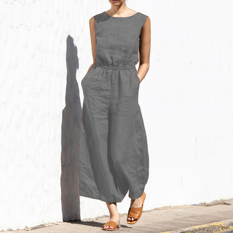 High Waist Sleeveless Wide Leg Jumpsuit with Pockets