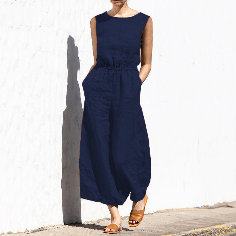 High Waist Sleeveless Wide Leg Jumpsuit with Pockets